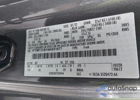 2022 Ford F-150 Xl из США, поврежденный, VIN 1FTMF1CB1NKE51677